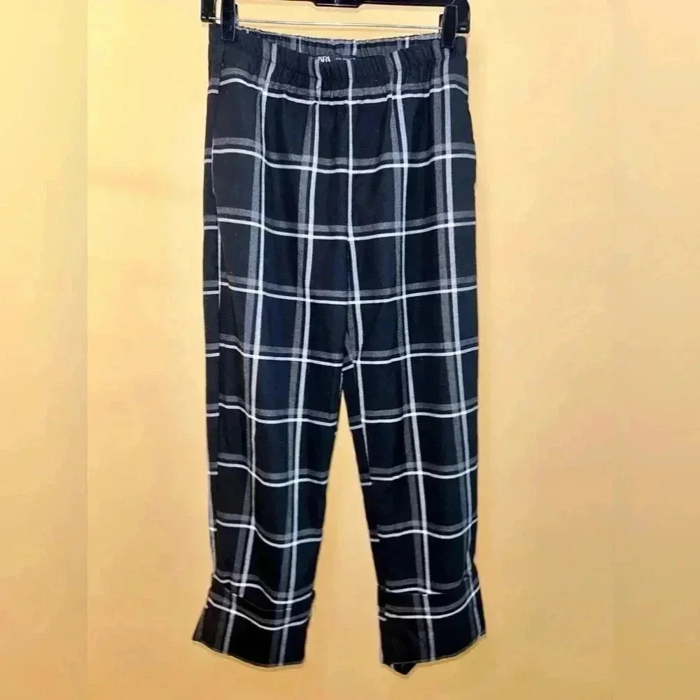 Zara‎ Black & White Plaid Elastic Waist Wide Leg Cuffed Trousers Size Small - Picture 2 of 7